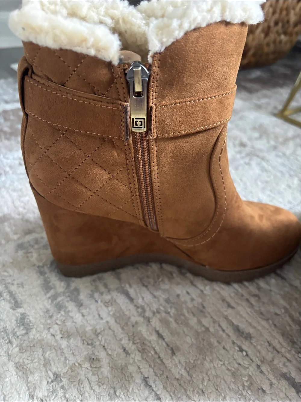 Liz Claiborne Brown Faux Suede Wedge Booties with Cream Shearling